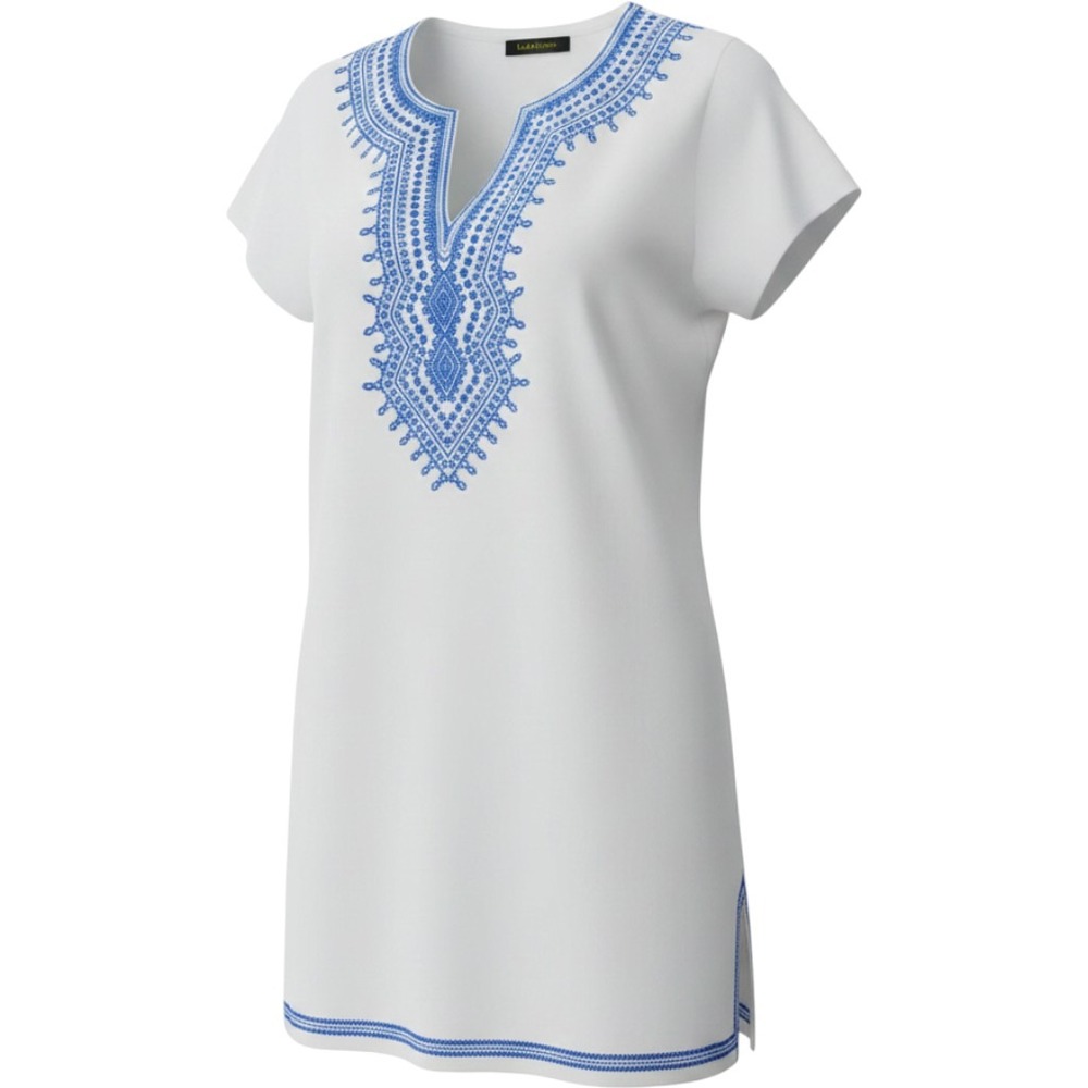 C. Wonder Tunic Top Womens XL White Blue Embroidered Split Neck Boho Blouse